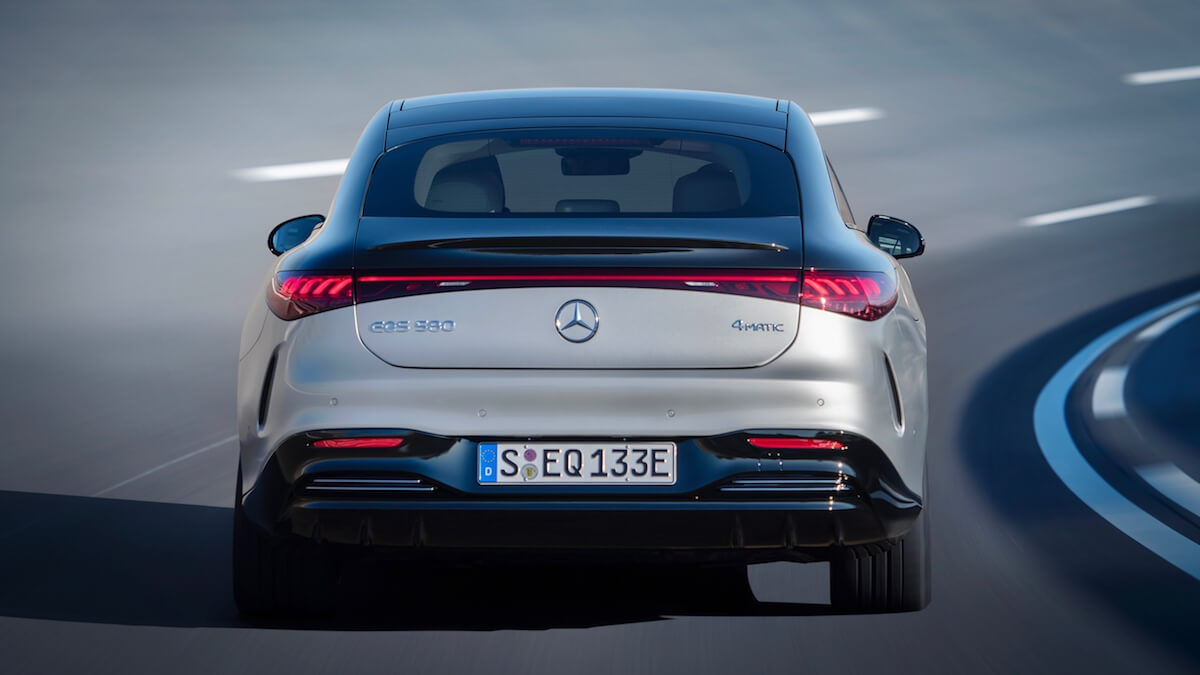Elektrische Mercedes EQS achterkant Elektrische Mercedes EQS achterkant