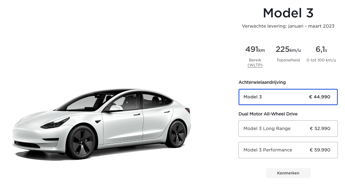 tesla model 3 configurator België januari 2023