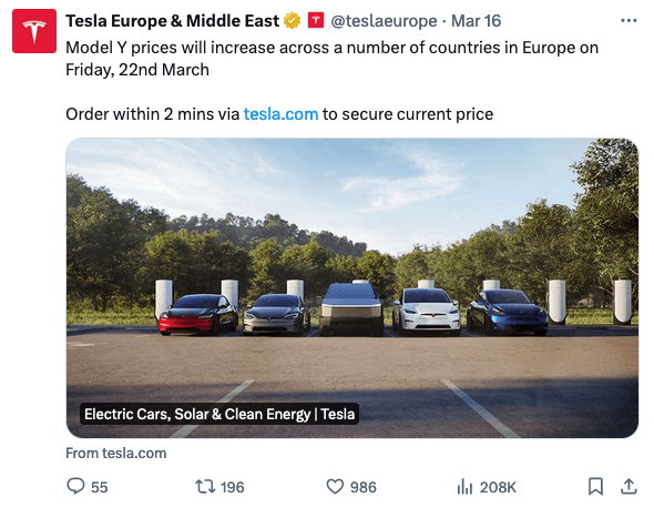 Tesla tweet Model Y duurder maart 2024